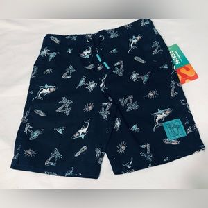 Boy’s Short Sharks palm tree graphics three pockets pull on black. Size 5
